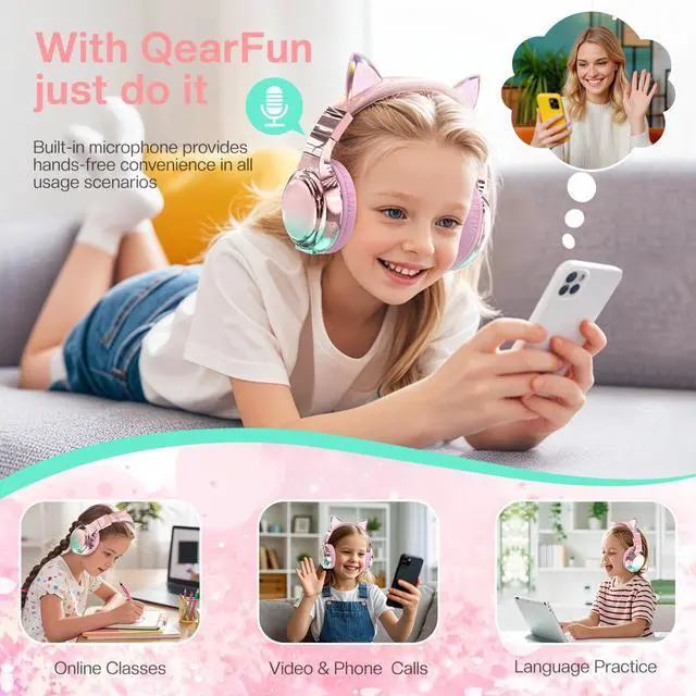Alt view image 4 of 5 - QearFun Kids Cat Ear Bluetooth Headphones, 60H Playtime, 3-Level 74/85/94dB Safe Volume Limit, Wireless Headset with Mic for Girls, Bluetooth 5.3, Foldable for School/Travel/Tablet - Pink