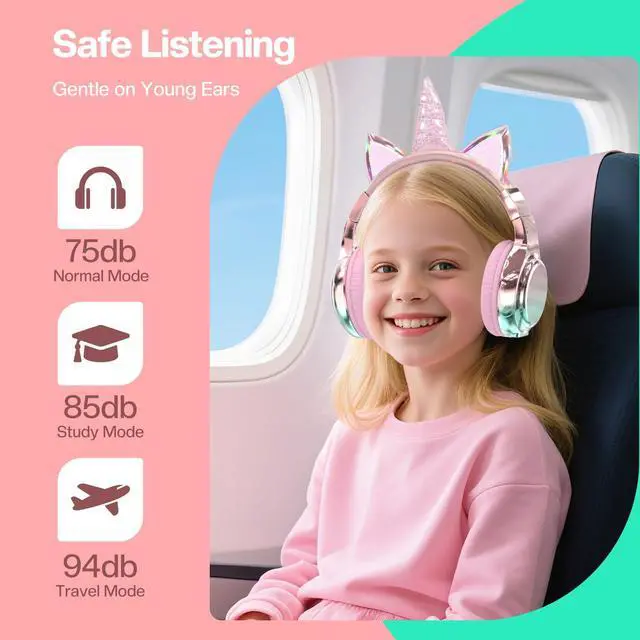 Alt view image 5 of 5 - QearFun Kids Cat Ear Bluetooth Headphones, 60H Playtime, 3-Level 74/85/94dB Safe Volume Limit, Wireless Headset with Mic for Girls, Bluetooth 5.3, Foldable for School/Travel/Tablet - Pink