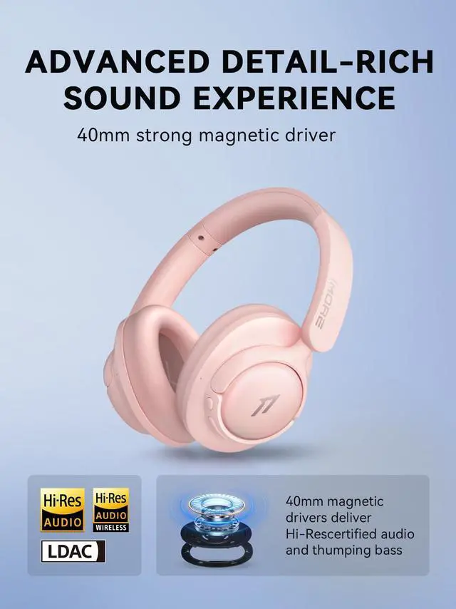 Alt view image 2 of 5 - 1MORE SonoFlow SE HQ31 Wireless Bluetooth Headphones -42dB Noise Cancelling Over-Ear Bluetooth Headset with Hi-Res Audio, 90H Playtime, LDAC, All-Day Comfort for Travel Work Gaming, Pink
