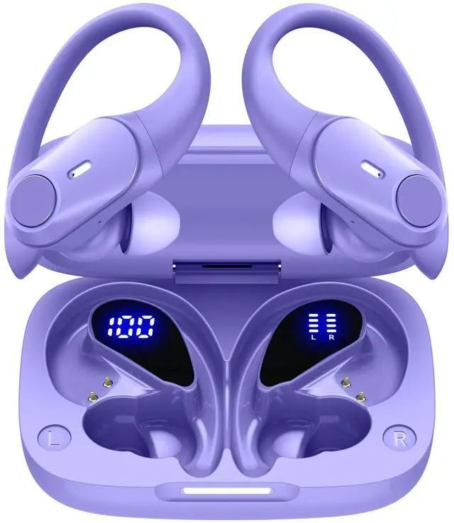 Main image of GOLREX Active Noise Cancelling Ear Buds Bluetooth Headphones Wireless Earbuds with 80H Wireless Charging Case & LED Display, Over-Ear Hooks Earphones Bass Earbud for Sports Running Gym Workout Purple