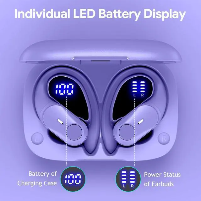 Alt view image 2 of 5 - GOLREX Active Noise Cancelling Ear Buds Bluetooth Headphones Wireless Earbuds with 80H Wireless Charging Case & LED Display, Over-Ear Hooks Earphones Bass Earbud for Sports Running Gym Workout Purple