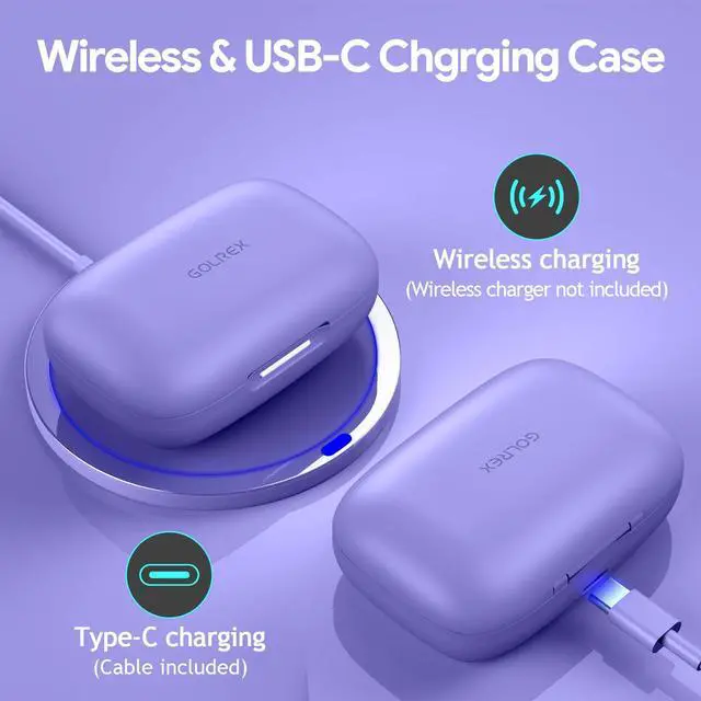 Alt view image 4 of 5 - GOLREX Active Noise Cancelling Ear Buds Bluetooth Headphones Wireless Earbuds with 80H Wireless Charging Case & LED Display, Over-Ear Hooks Earphones Bass Earbud for Sports Running Gym Workout Purple