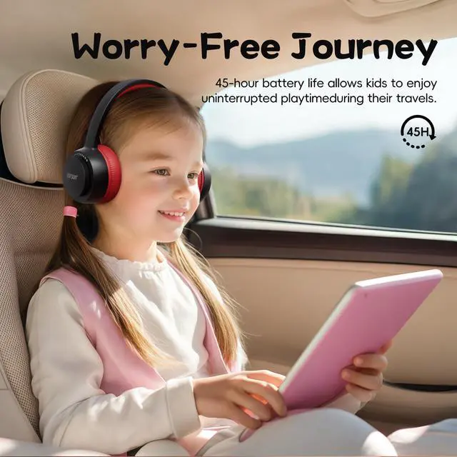 Alt view image 2 of 5 - gorsun Kids Bluetooth Headphones, Bluetooth 5.3, Toddler Headphones 85 dBA Safe Volume, 45H Play Time, with Microphone, Kids Wireless Headset for iPad/Tablet/Travel/School, ldeal Gift (Black&Red)
