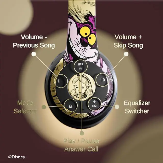 Alt view image 5 of 5 - Disney Alice in Wonderland Bluetooth Headphones - Wireless Headset W/Built in Mic and Up to 15 Hrs Playtime - Alice in Wonderland Gifts for Women and All Fans of Alice in Wonderland Stuff