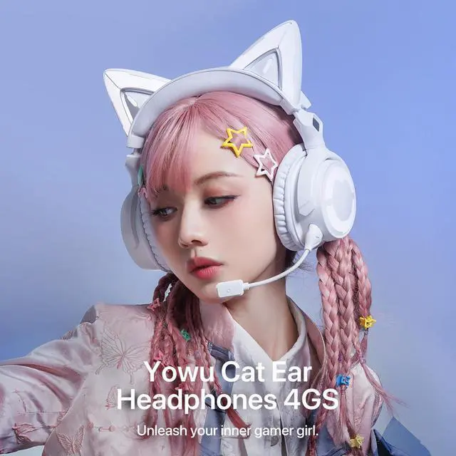 Alt view image 2 of 5 - YOWU Cat Ear Headphones 4GS - RGB Gaming Headset with Mic & 2.4G USB/Type C Dongle for PC/PS4/PS5/XBOX/Switch, Wired/Wireless Bluetooth Headphones(White)