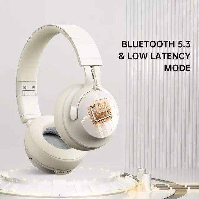 Alt view image 4 of 5 - FINGERTIME Bluetooth Headphones Over-Ear, 60H Playtime and with Low Latency Wireless Headphones with Microphone, HiFi Stereo Foldable Lightweight Headset, Deep Bass for Home Office (Beige)