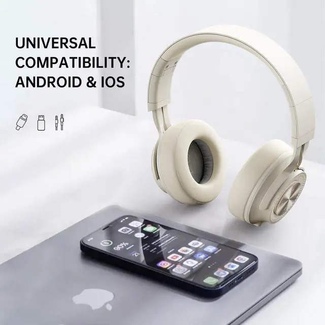 Alt view image 5 of 5 - FINGERTIME Bluetooth Headphones Over-Ear, 60H Playtime and with Low Latency Wireless Headphones with Microphone, HiFi Stereo Foldable Lightweight Headset, Deep Bass for Home Office (Beige)