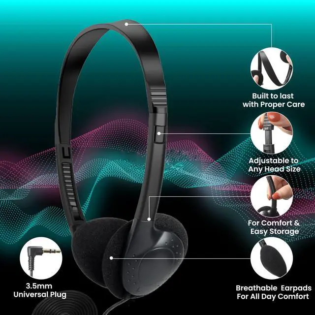 Alt view image 4 of 5 - Deal Maniac Black Over-Ear Headphones - Low-Cost Stereo Headphones for Students, Classroom, Library - Foam Earpad - 3 Pairs, Black