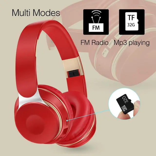 Alt view image 2 of 5 - RAT TAIL Bluetooth Headset, Chat- Comfortable Over Ear Stereo Wireless Mobile Phone Headphone with Mic, Soft Earmuffs/Foldable/TF/FM, 20H Playtime, Great for Music/Tour/Gym/Game/Chat (Hot Red)