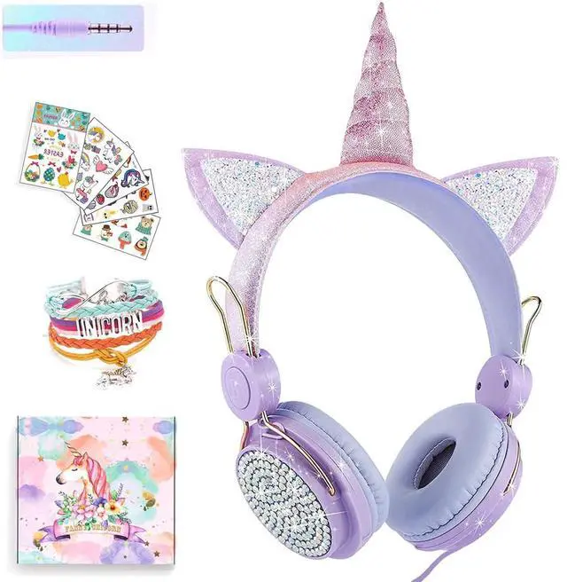 Main image of SVYHUOK Unicorn Kids Headphones for Girls Children Teens,Cute Cat Ear Wired Headphones w/Microphone 3.5mm Jack, Over On Ear Headset for School Birthday Xmas Unicorn Gift (Princess Purple)