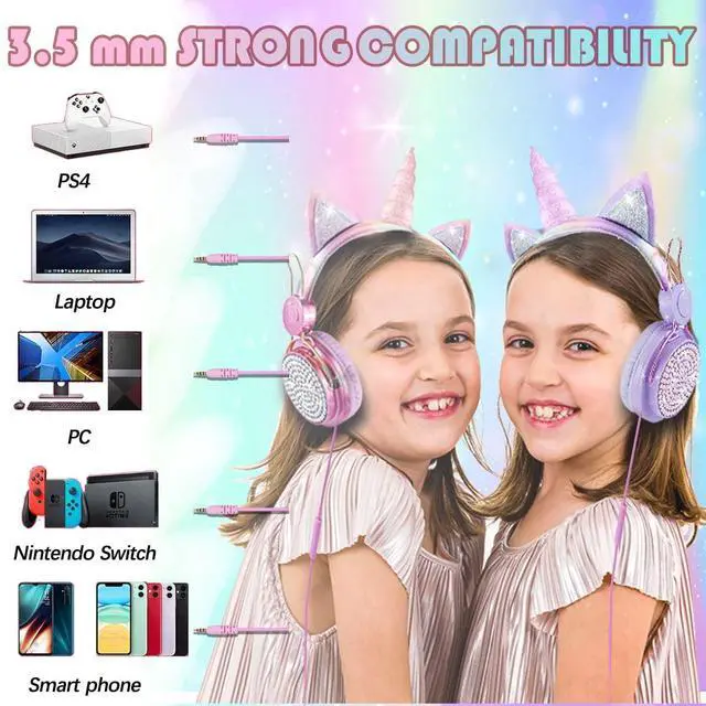 Alt view image 3 of 5 - SVYHUOK Unicorn Kids Headphones for Girls Children Teens,Cute Cat Ear Wired Headphones w/Microphone 3.5mm Jack, Over On Ear Headset for School Birthday Xmas Unicorn Gift (Princess Purple)