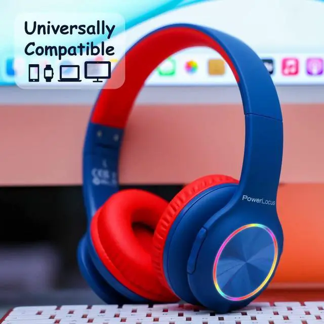 Alt view image 2 of 5 - PowerLocus PLED Kids Bluetooth Headphones, Kids Wireless Headphones with LED Lights, 74/85/94dB Safe Volume, Micro SD, AUX Cable, Hi-Fi Stereo, Built-in Mic Over Ear Kid Headphone for Travel/Tablet/PC