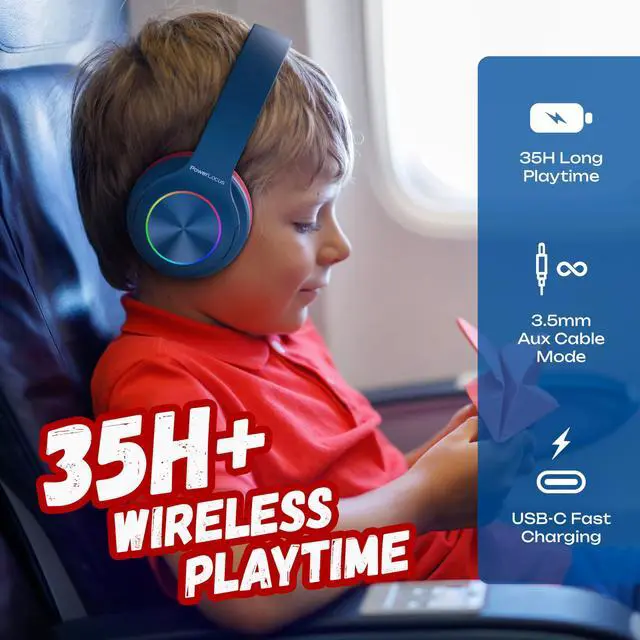 Alt view image 3 of 5 - PowerLocus PLED Kids Bluetooth Headphones, Kids Wireless Headphones with LED Lights, 74/85/94dB Safe Volume, Micro SD, AUX Cable, Hi-Fi Stereo, Built-in Mic Over Ear Kid Headphone for Travel/Tablet/PC