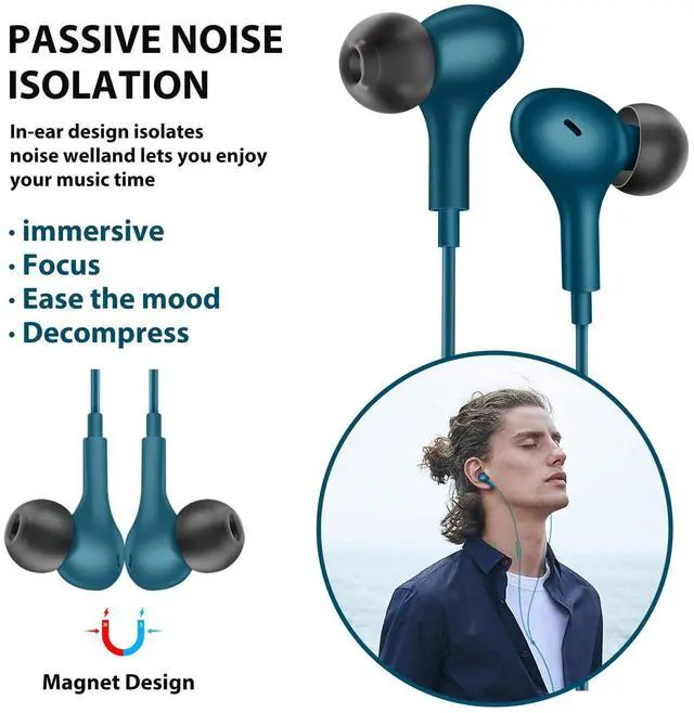 Alt view image 4 of 5 - Wired Earbuds Noise Canceling for Chromebook PC School, 3.5mm Headphones Ear Buds Wired with Mic Magnet Stereo Plug in Earphones Cord for Galaxy A25 A15 A12 A03s S10 Moto Laptop Computer Travel Blue