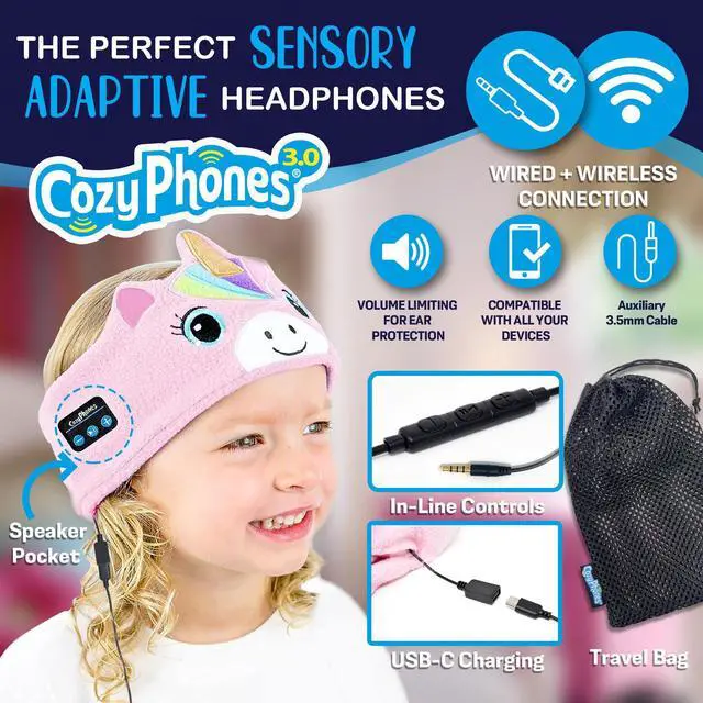 Alt view image 2 of 5 - Sensory Headphones for Kids - Autism Sensory Toys, Wireless & Wired Toddler Headphones with Volume Limiting, Comfortable Soft Headband for Travel, Ideal for Sensory-Sensitive Children - Unicorn