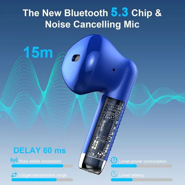 Alt view image 2 of 5 - Wireless Earbuds, Bluetooth 5.4 Earbuds Stereo Bass, Bluetooth Headphones in Ear Noise Cancelling Mic, Earphones IP7 Waterproof Sports, 32H Playtime USB C Charging Case Blue Ear Buds for Android iOS