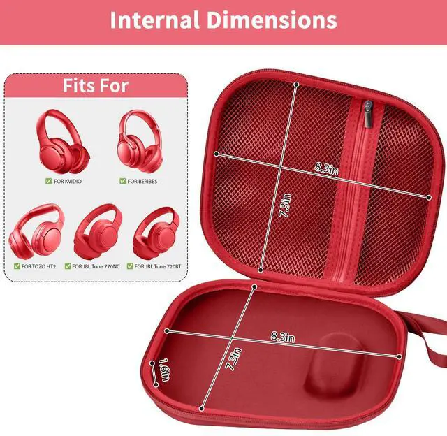 Alt view image 2 of 5 - Headphone Case Compatible with BERIBES/for JBL Tune 510BT/ 720BT/ for Sony WH-CH520/ WH-CH720N/ WH-1000XM4/ for TOZO HT2 Noise Cancelling Headphones, Wireless Bluetooth Over Ear Earphone Bag (Red)