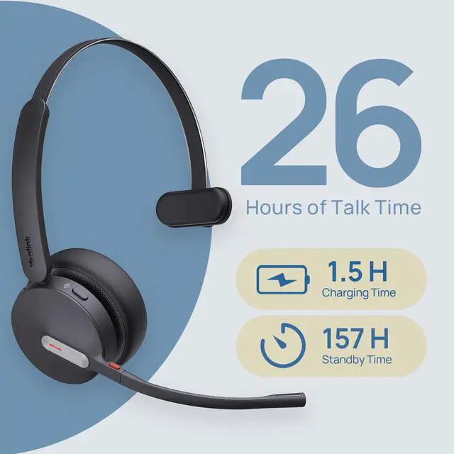 Alt view image 4 of 5 - Yealink WH64 Mono UC DECT & Bluetooth Wireless Headset, 606ft Range, Single On Ear Work Headphones with 3X Noise Cancelling Mic, 26 Talk Time, Office Desk IP Phone, PC, Computer