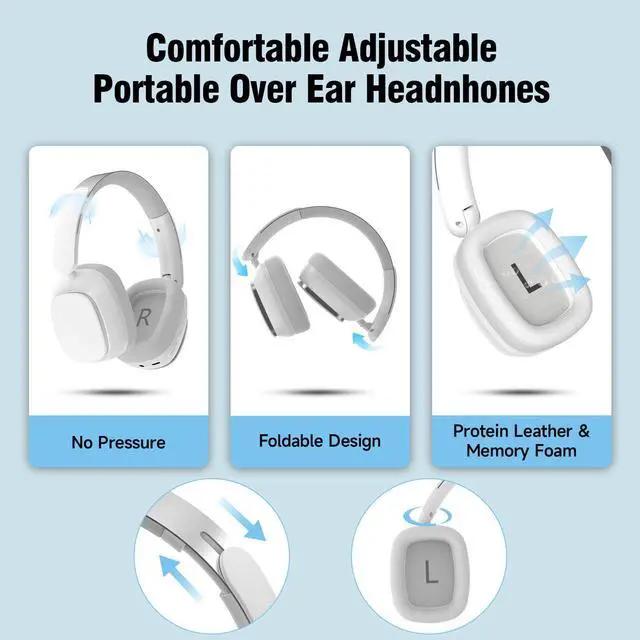 Alt view image 4 of 5 - Hybrid Active Noise Cancelling Headphones, Wireless Bluetooth Over Ear Headphones, 130H Playtime, Hi-Res Audio, Deep Bass, Foldable Overhead Headset Comfort for Home Office Travel (White)