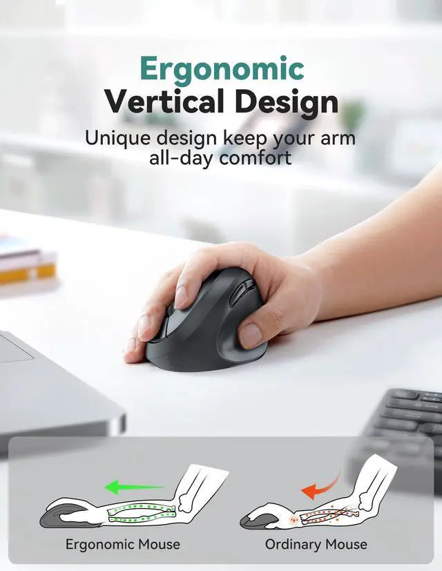 Alt view image 2 of 5 - TECKNET Ergonomic Mouse, 4800 DPI 5 Adjustable DPI Levels, Wireless Vertical Mouse, 6 Buttons, 2.4G Silent Mouse for Laptop, PC, Chromebook, Mac - Black