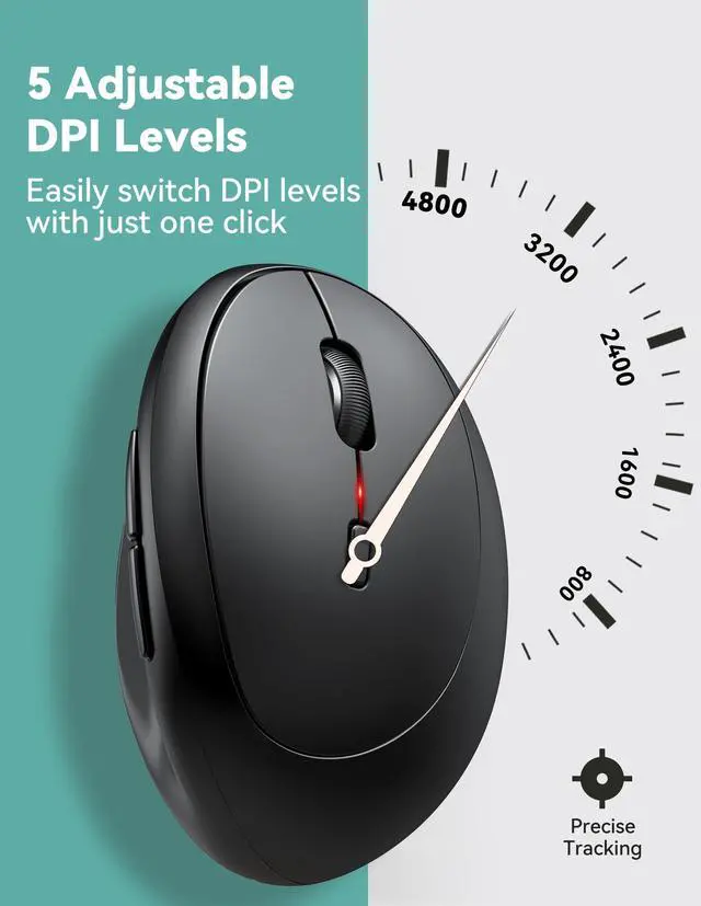 Alt view image 4 of 5 - TECKNET Ergonomic Mouse, 4800 DPI 5 Adjustable DPI Levels, Wireless Vertical Mouse, 6 Buttons, 2.4G Silent Mouse for Laptop, PC, Chromebook, Mac - Black