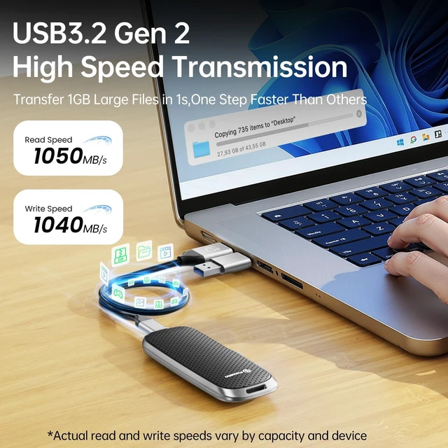 Alt view image 2 of 5 - PHIXERO P10PRO External SSD NVMe 1TB, Up to 1050MB/s, USB 3.2 Gen2, Includes 2-in-1 USB C Cable, Portable SSD for iPhone 15/16 PRO/Android/Mac, Black