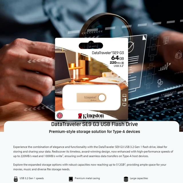 Alt view image 3 of 5 - Kingston DataTraveler SE9 G3 3.2 USB Flash Drive Bundle 220MBPS