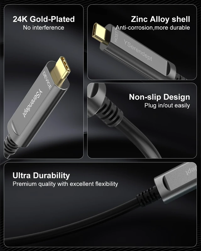 Alt view image 2 of 5 - YSerendept USB C Cable 65ft Fiber Optic,10Gbps High Speed Data Transfer,Compatible with Logitech Cameras,VR/AR,HDDs,Projectors,Hubs,Gaming Consoles,Webcams,Printer,Grey