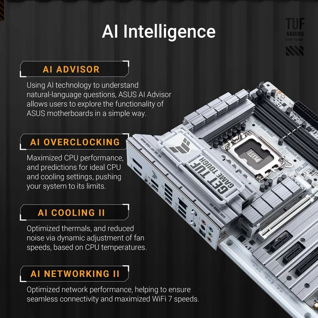 Alt view image 2 of 5 - ASUS TUF Gaming Z890-PRO WiFi Z890 LGA 1851 ATX Motherboard, Intel Core Ultra Series 2 Ready, Advanced AI PC-Ready, 16+1+2+1 Stages, DDR5, PCIe 5.0, Thunderbolt 4 Type-C, 4X M.2, Wi-Fi 7, 2.5Gb