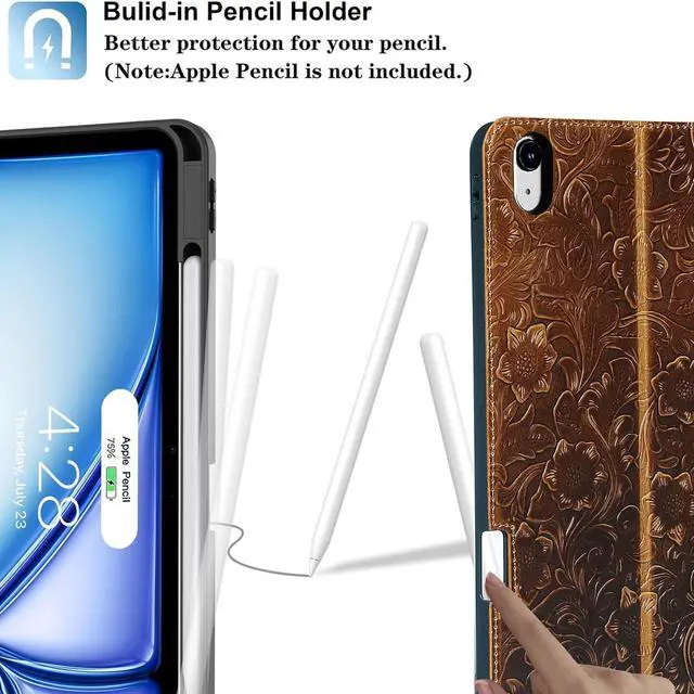 Alt view image 3 of 5 - Gexmil Genuine Leather Case for iPad Air 13 Inch M4/M3/M2 (2026/2025/2024),Premium Leather Smart Folio Cover with Pencil Holder,Magnetic Closure, Auto Sleep/Wake Anti-Slip,Floral-Buckle