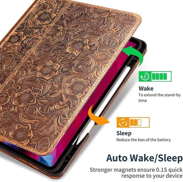 Alt view image 4 of 5 - Gexmil Genuine Leather Case for iPad Air 13 Inch M4/M3/M2 (2026/2025/2024),Premium Leather Smart Folio Cover with Pencil Holder,Magnetic Closure, Auto Sleep/Wake Anti-Slip,Floral-Buckle