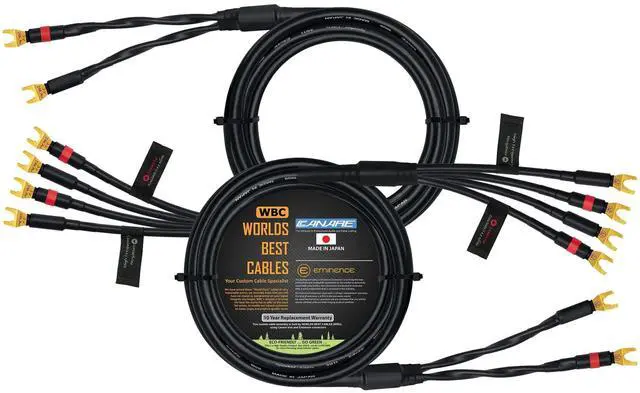 Main image of WORLDS BEST CABLES 8 Foot - Canare 4S11 Audiophile Grade - HiFi Star-Quad Bi-Wire Speaker Cable Pair with Eminence Gold Spade Connectors