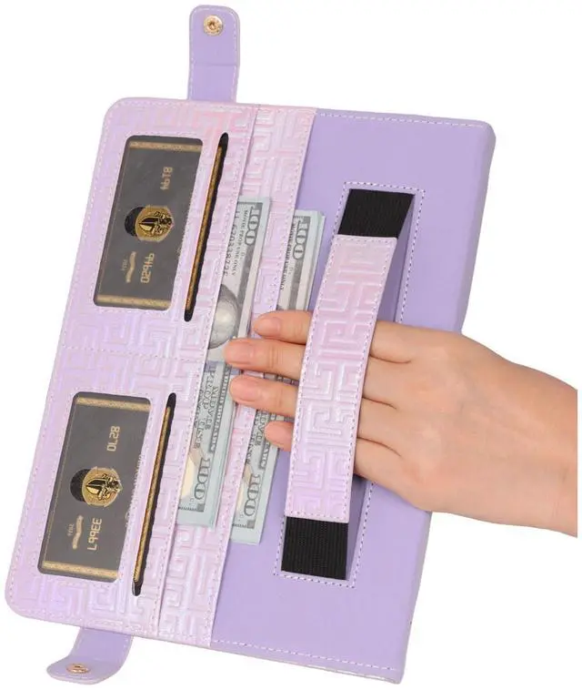 Alt view image 5 of 5 - Shiny Case for iPad (A16) 2025 11"/iPad 10th Generation Handbag with Hand Strap, Techcircle Crossbody Iridescent Folio Stand Wallet Case with Pencil Holder+Card Slots+Shoulder Strap, Shiny Lilac