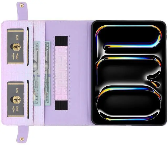 Alt view image 4 of 5 - Shiny Case for iPad (A16) 2025 11"/iPad 10th Generation Handbag with Hand Strap, Techcircle Crossbody Iridescent Folio Stand Wallet Case with Pencil Holder+Card Slots+Shoulder Strap, Shiny Lilac