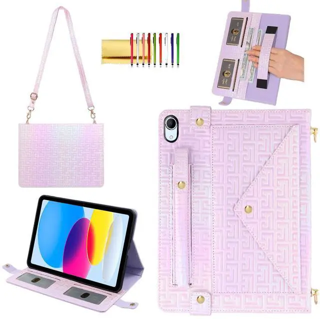 Main image of Shiny Case for iPad (A16) 2025 11"/iPad 10th Generation Handbag with Hand Strap, Techcircle Crossbody Iridescent Folio Stand Wallet Case with Pencil Holder+Card Slots+Shoulder Strap, Shiny Lilac