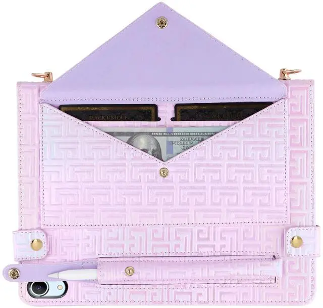 Alt view image 3 of 5 - Shiny Case for iPad (A16) 2025 11"/iPad 10th Generation Handbag with Hand Strap, Techcircle Crossbody Iridescent Folio Stand Wallet Case with Pencil Holder+Card Slots+Shoulder Strap, Shiny Lilac