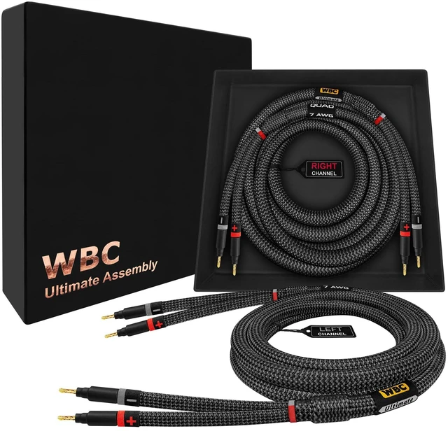Main image of WORLDS BEST CABLES 20 Foot Ultimate - 7 AWG - Ultra-Pure OFC Extra Premium Audiophile HiFi Speaker Cable Pair with Eminence Gold Banana Plugs & Carbon Tweed Jacket