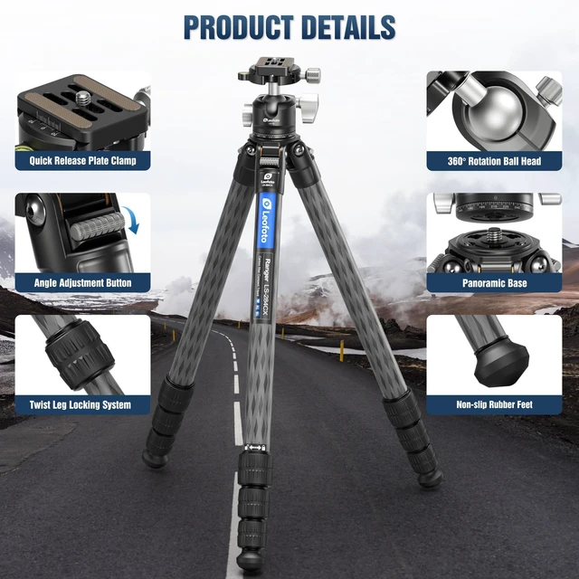 Alt view image 2 of 5 - LEOFOTO Carbon Fiber Tripod for Camera with 360 Panoramic Ball Head, 67" Compact Lightweight Travel Tripod for DSLR Video Camcorder, Max Load 10kg/22lbs