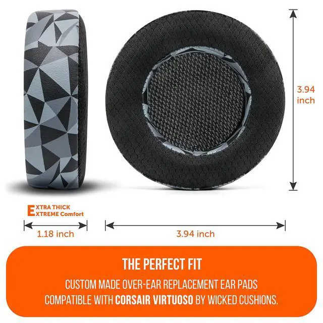 Alt view image 3 of 5 - WC Freeze Virtuoso - Hybrid Fabric Cooling Gel Replacement Earpads for Corsair Virtuoso Gaming Headset, Made by Wicked Cushions, Improved Durability, Thickness and Sound Isolation ^^ Geo Grey