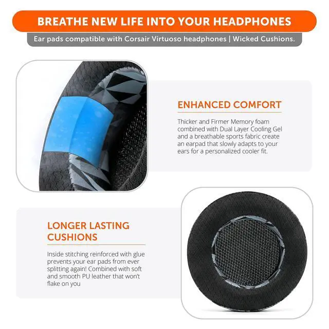 Alt view image 4 of 5 - WC Freeze Virtuoso - Hybrid Fabric Cooling Gel Replacement Earpads for Corsair Virtuoso Gaming Headset, Made by Wicked Cushions, Improved Durability, Thickness and Sound Isolation ^^ Geo Grey