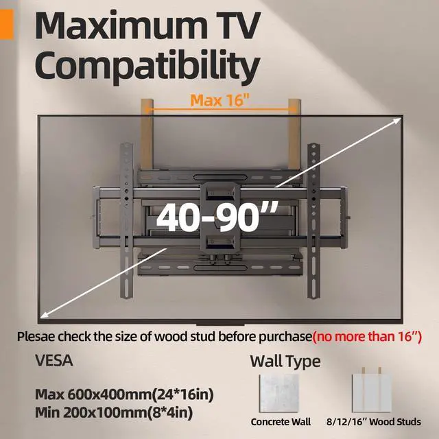 Alt view image 3 of 5 - IWORKBOARD 75 85 90 inch Full Motion TV Wall Mount for 40-90'' TV Mount, Heavy Duty Adjustable articulating Bracket Tilt Swivel Extension Level, VESA 600x400mm, 16" Studs, 132 lbs for 65 70 75+ TVs
