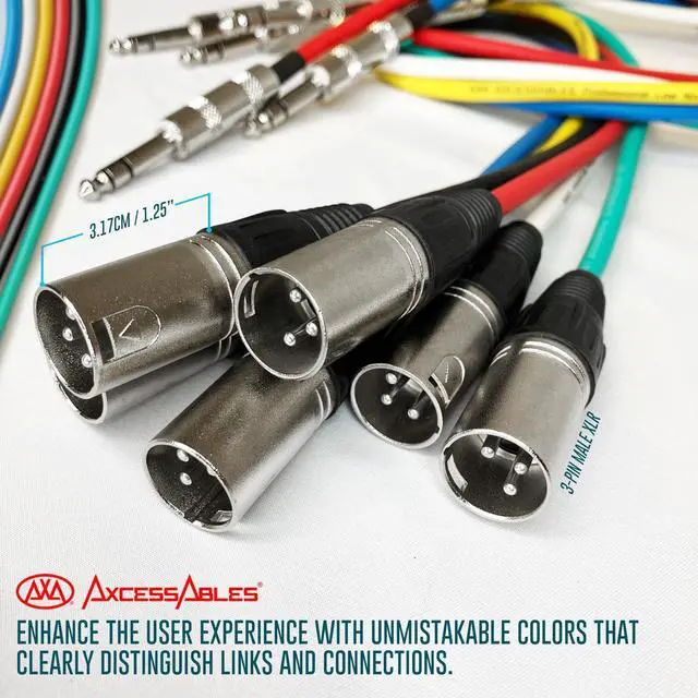 Alt view image 4 of 5 - AxcessAbles XLR Male to 1/4" TRS Speaker 15ft Color Cable Pack ^^15ft Patch Cable Audio Cords ^^ Balanced Speaker, Microphone Snake Cords (15ft - 6 Pack)