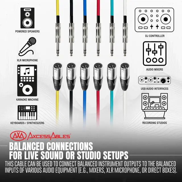 Alt view image 2 of 5 - AxcessAbles XLR Male to 1/4" TRS Speaker 15ft Color Cable Pack ^^15ft Patch Cable Audio Cords ^^ Balanced Speaker, Microphone Snake Cords (15ft - 6 Pack)