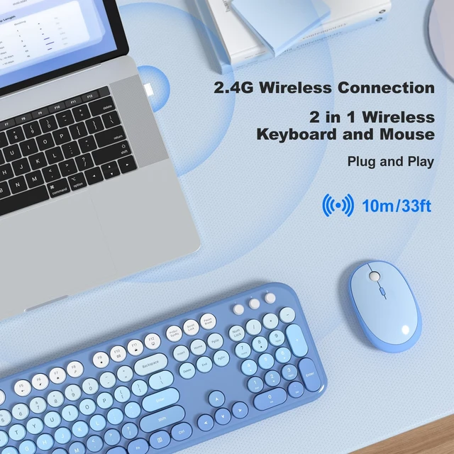 Alt view image 2 of 5 - Dilter Wireless Keyboard Mouse Combo, Typewriter Full Size Keyboard with Number Pad and 2 in 1 USB Connected Mouse for Windows 7/8/10, Laptop, Desktop, PC, Computer (Blue Colorful)