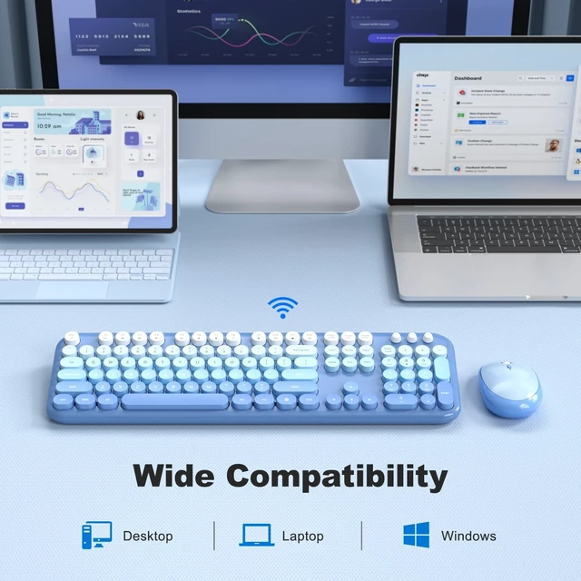 Alt view image 4 of 5 - Dilter Wireless Keyboard Mouse Combo, Typewriter Full Size Keyboard with Number Pad and 2 in 1 USB Connected Mouse for Windows 7/8/10, Laptop, Desktop, PC, Computer (Blue Colorful)