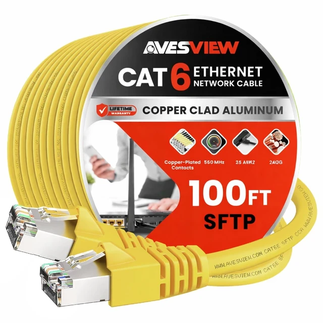 Main image of AvesView CAT 6 Shielded 100 FT Ethernet Cable, Indoor High-Speed (SFTP) 10Gbps Shielded 100 Foot Ethernet Cable for Internet, Router, Computer, PlayStation, Xbox (Yellow, 100FT)