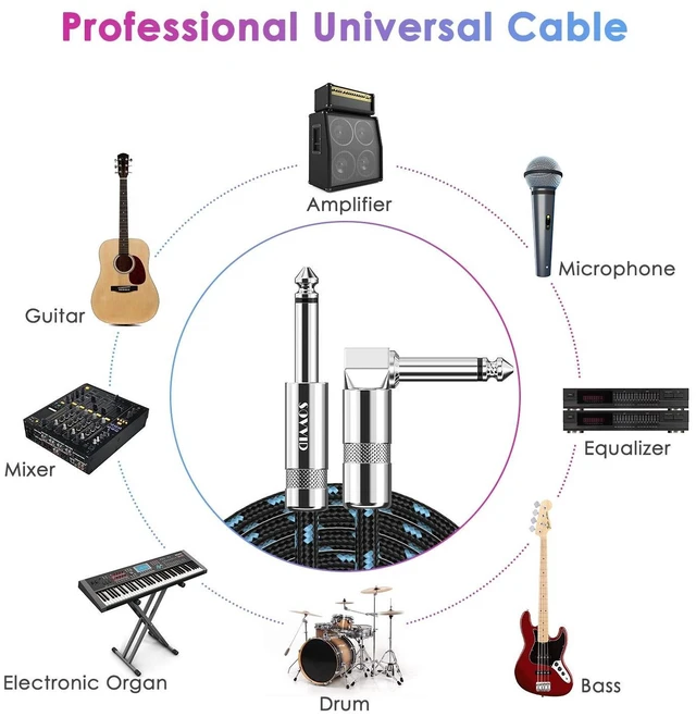 Alt view image 2 of 5 - Sovvid 20FT 2 Pack Instrument Cable - Electric & Bass Guitar, Keyboard, AMP Cord - 1/4 Inch Right Angle Black & Blue