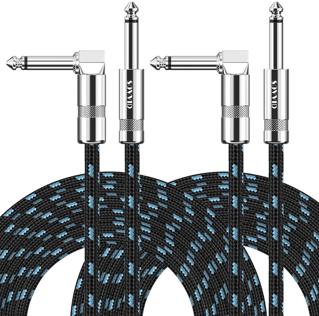Main image of Sovvid 20FT 2 Pack Instrument Cable - Electric & Bass Guitar, Keyboard, AMP Cord - 1/4 Inch Right Angle Black & Blue
