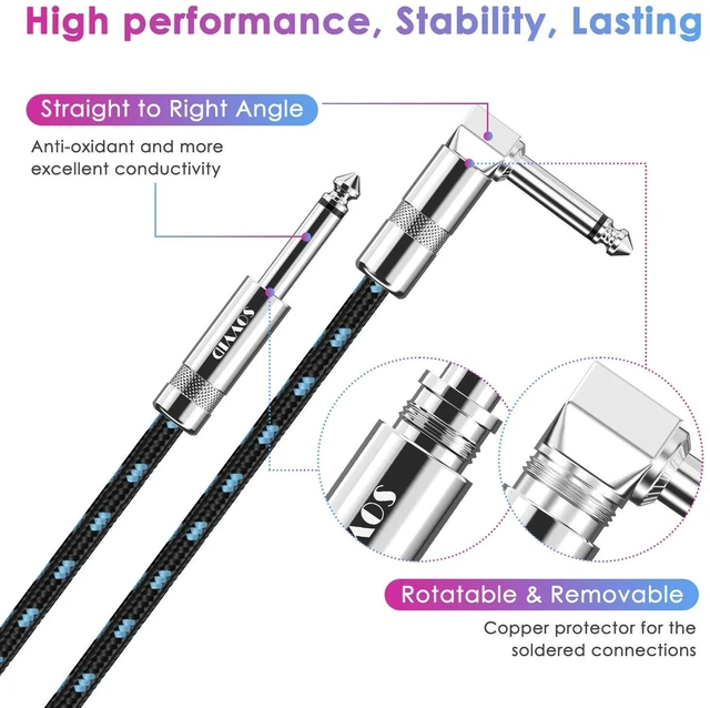 Alt view image 4 of 5 - Sovvid 20FT 2 Pack Instrument Cable - Electric & Bass Guitar, Keyboard, AMP Cord - 1/4 Inch Right Angle Black & Blue