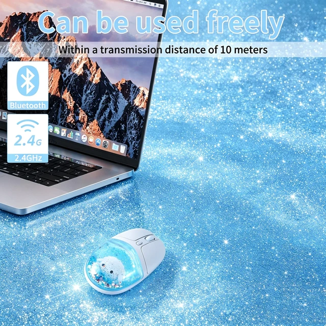 Alt view image 2 of 5 - Wireless Bluetooth Mouse-2.4G USB Dual Mode Cute Clear Aqua Glitter Liquid Sand Water Mice, 4000D-PI Portable Retro Cordless Silent Rechargeable LED Breathing Light for Laptop PC iPad Mac Gift